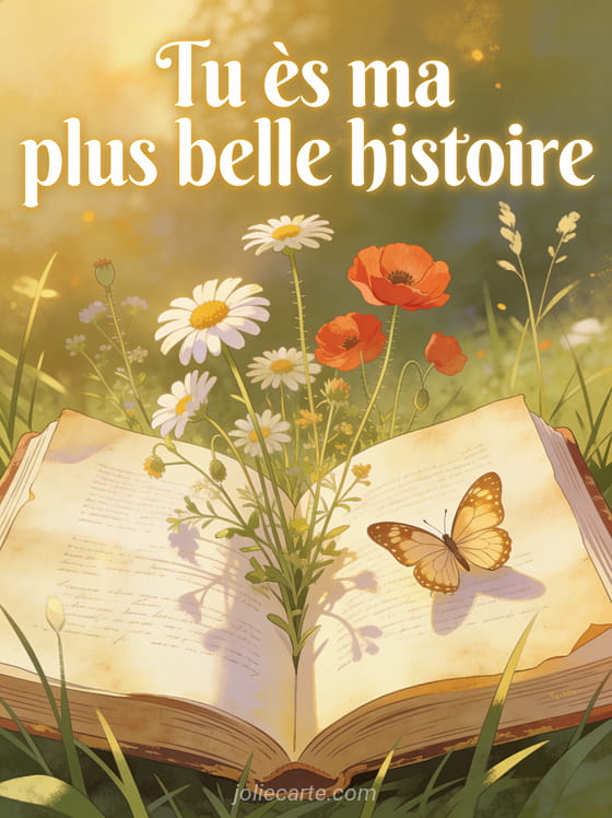 Vieux livre ouvert dans l'herbe avec marguerites et coquelicots poussant entre les pages et papillon posé, texte Tu es ma plus belle histoire