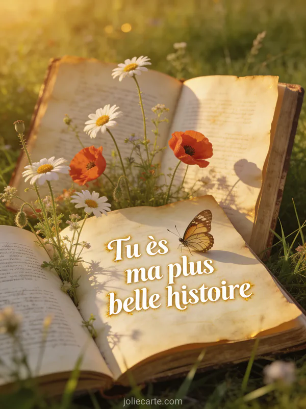Vieux livre ouvert dans l'herbe avec marguerites et coquelicots poussant entre les pages et papillon posé, texte Tu es ma plus belle histoire