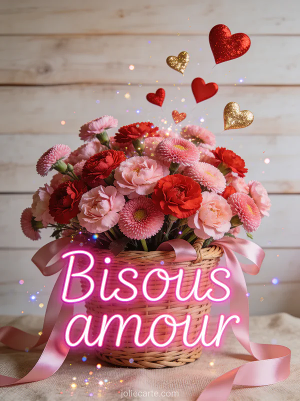 Bouquet de renoncules roses et rouges dans un panier en osier avec des cœurs s'envolant et des rubans de satin rose et le texte Bisous amour