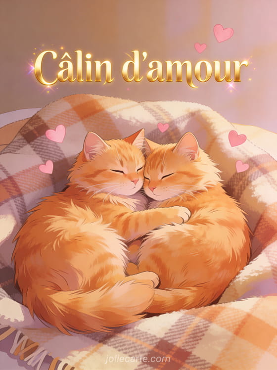 Deux chats roux blottis l'un contre l'autre sur un plaid douillet avec de petits cœurs roses flottants et le texte Câlin d'amour