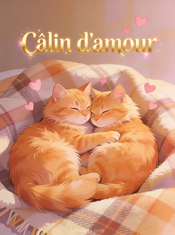 Deux chats roux blottis l'un contre l'autre sur un plaid douillet avec de petits cœurs roses flottants et le texte Câlin d'amour