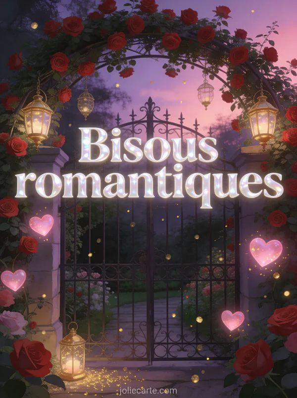 Jardin secret avec portail en fer forgé couvert de roses grimpantes et des lanternes dorées avec des cœurs lumineux et le texte Bisous romantiques