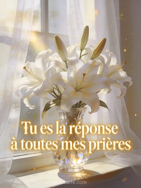 Lys blancs majestueux dans un vase en cristal sur un rebord de fenêtre avec lumière divine filtrant, texte Tu es la réponse à toutes mes prières