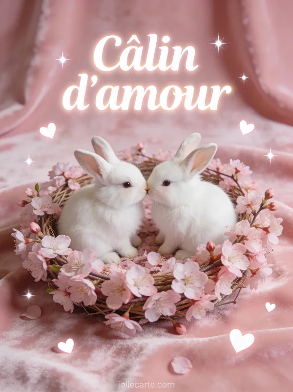 Deux lapins blottis nez contre nez dans un nid de fleurs de cerisier avec de petits cœurs scintillants et le texte Câlin d'amour