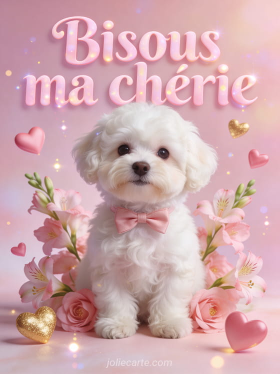 Chiot bichon frisé blanc avec un nœud rose entouré de freesias roses et de cœurs flottants et le texte Bisous ma chérie