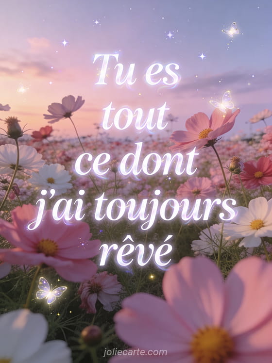 Champ de cosmos roses et blancs sous un ciel crépusculaire pastel avec lucioles scintillantes, texte Tu es tout ce dont j'ai toujours rêvé