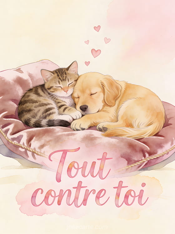 Chaton tigré et chiot golden retriever endormis l'un contre l'autre sur un coussin en velours avec de petits cœurs rouges et le texte Tendre câlin