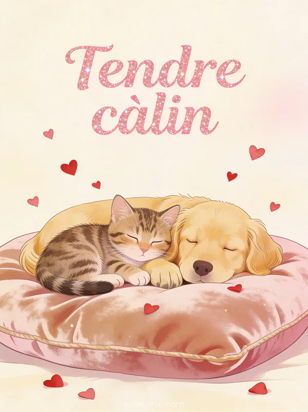 Chaton tigré et chiot golden retriever endormis l'un contre l'autre sur un coussin en velours avec de petits cœurs rouges et le texte Tendre câlin