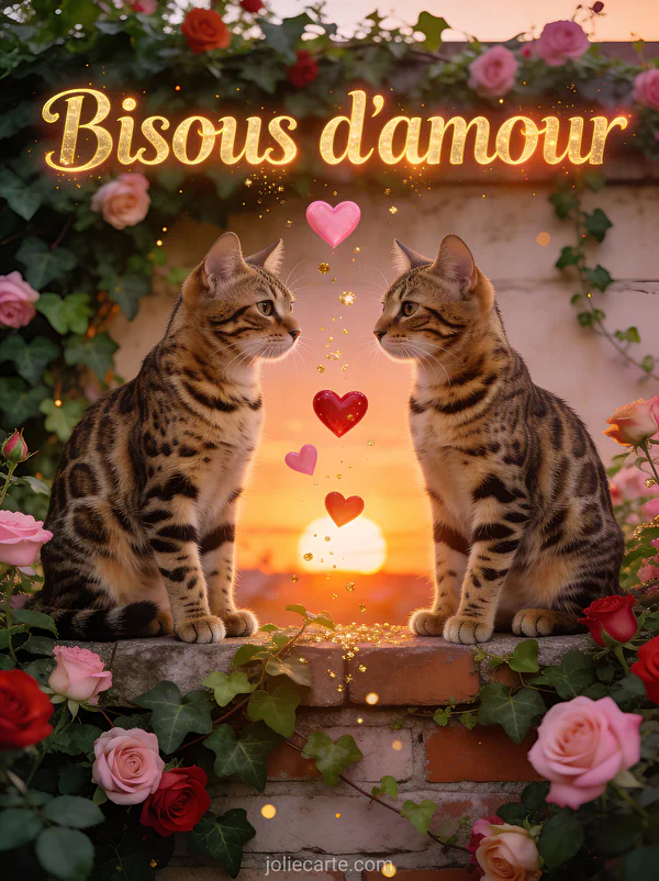 Deux chats bengal tachetés assis côte à côte sur un muret fleuri de roses avec des cœurs flottants au soleil couchant et le texte Bisous d'amour
