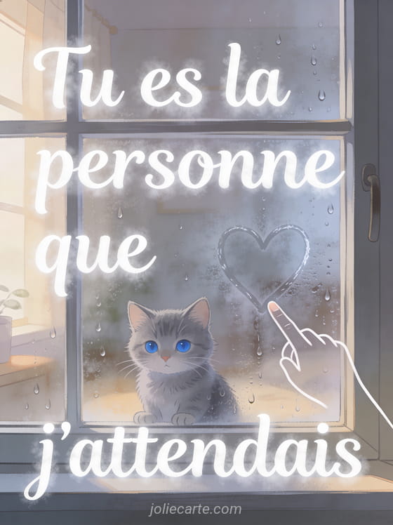 Petit chat gris aux yeux bleus derrière une fenêtre embuée avec un cœur dessiné dans la buée et gouttes de pluie, texte Tu es la personne que j'attendais