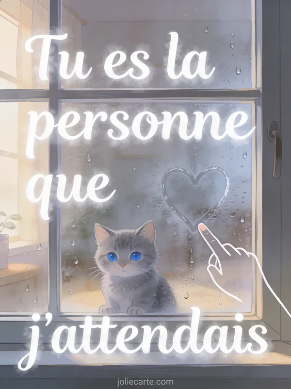 Petit chat gris aux yeux bleus derrière une fenêtre embuée avec un cœur dessiné dans la buée et gouttes de pluie, texte Tu es la personne que j'attendais