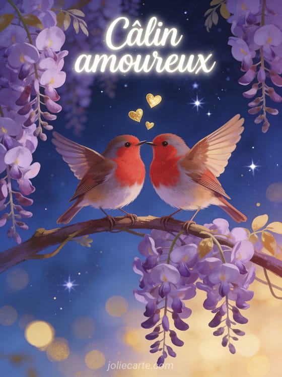 Deux rouges-gorges perchés côte à côte sur une branche de glycine mauve avec de petits cœurs dorés sur fond bleu nuit étoilé et le texte Câlin amoureux