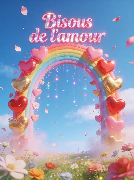 Arc-en-ciel de cœurs multicolores formant une arche dans un ciel bleu avec des pétales et particules tombant sur une prairie fleurie et le texte Bisous de l'amour