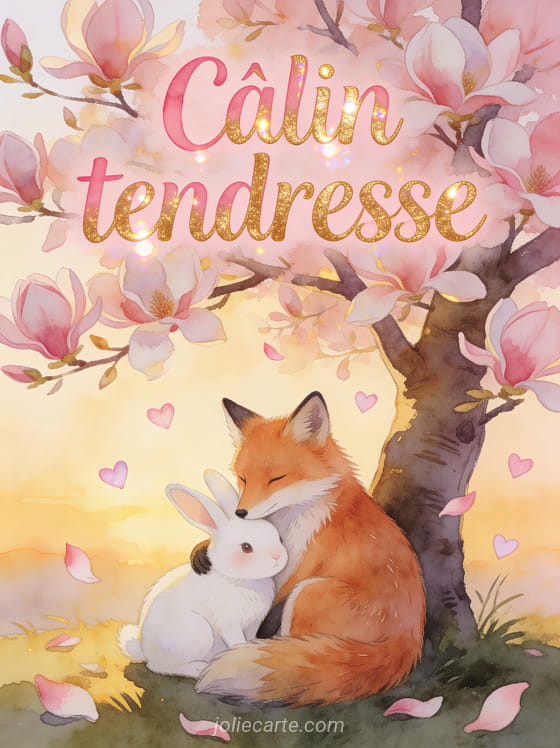 Renard et lapin blottis ensemble sous un magnolia en fleurs avec des pétales tombants et de petits cœurs rose pastel et le texte Câlin tendresse