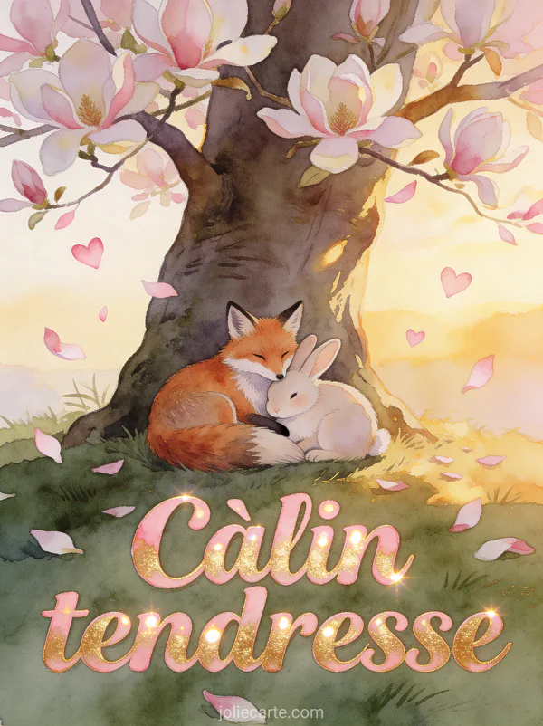 Renard et lapin blottis ensemble sous un magnolia en fleurs avec des pétales tombants et de petits cœurs rose pastel et le texte Câlin tendresse