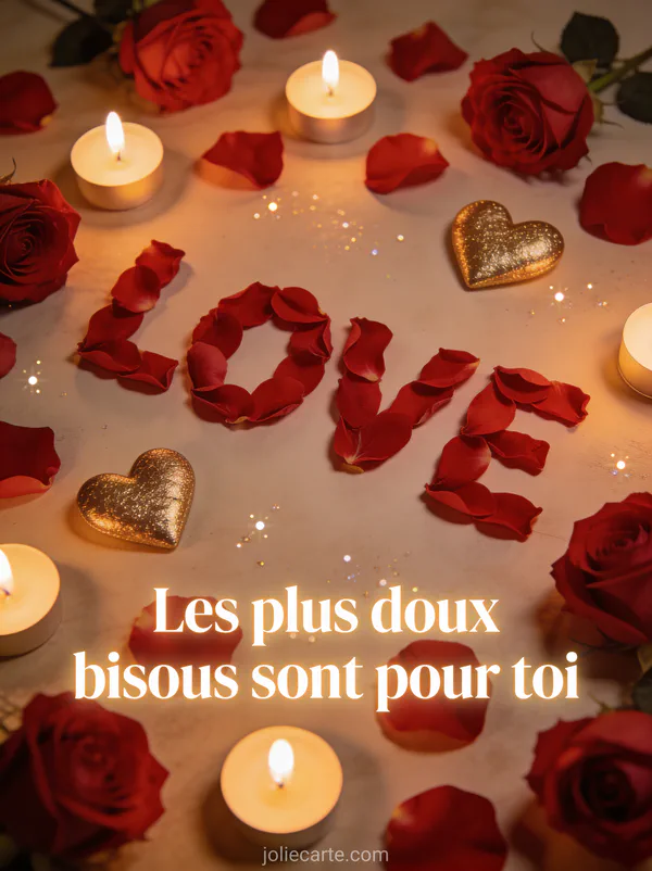 Pétales de roses formant le mot LOVE vu de dessus avec des cœurs dorés et des bougies et des particules scintillantes et le texte Les plus doux bisous sont pour toi