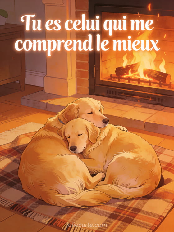 Deux chiens golden retriever blottis sur un plaid écossais devant une cheminée avec flammes dansantes, texte Tu es celui qui me comprend le mieux