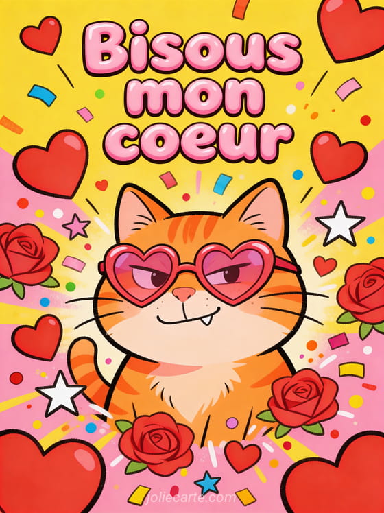 Chat roux drôle avec des lunettes en forme de cœur entouré de cœurs explosant comme des confettis et le texte Bisous mon cœur