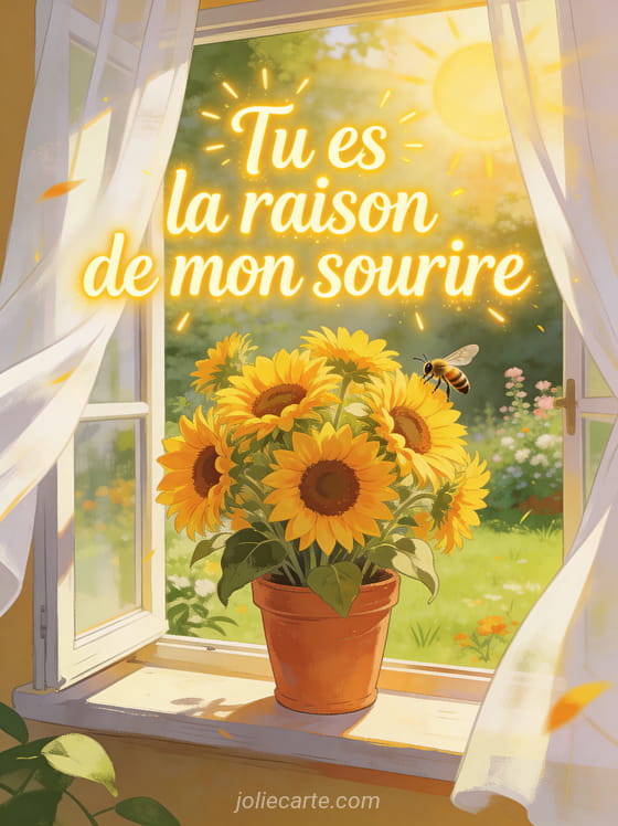 Bouquet de tournesols éclatants dans un pot en terre cuite sur un rebord de fenêtre avec abeille et rideaux flottants, texte Tu es la raison de mon sourire