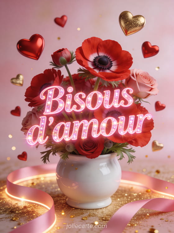Bouquet d'anémones rouges et roses dans un pot en céramique blanche avec des cœurs 3D flottants et des rubans lumineux et le texte Bisous d'amour