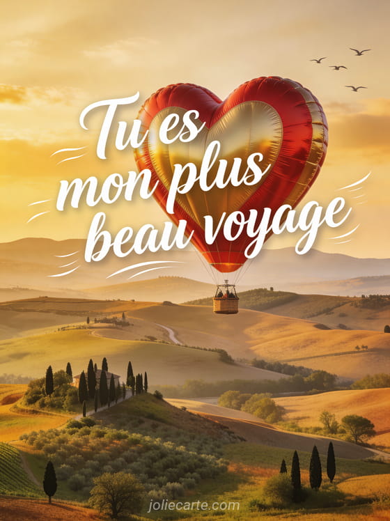 Montgolfière rouge et dorée en forme de cœur au-dessus de collines toscanes avec cyprès et ciel doré, texte Tu es mon plus beau voyage