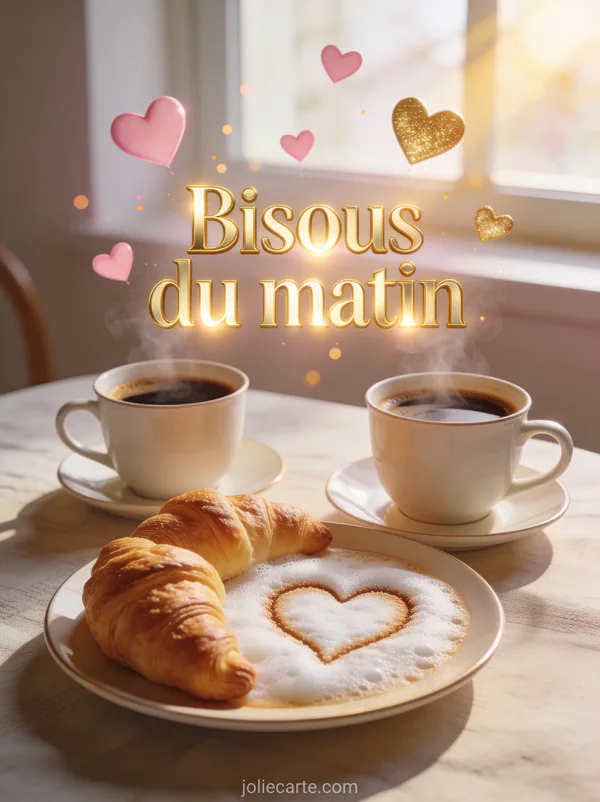 Deux tasses de café fumantes avec un cœur dans la mousse et des croissants avec des cœurs flottants dans la lumière matinale et le texte Bisous du matin