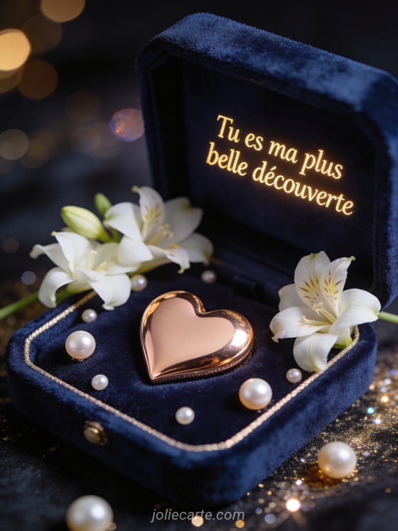 Écrin de velours bleu nuit ouvert révélant un cœur en or rose entouré de perles et freesias blancs avec bokeh scintillant, texte Tu es ma plus belle découverte