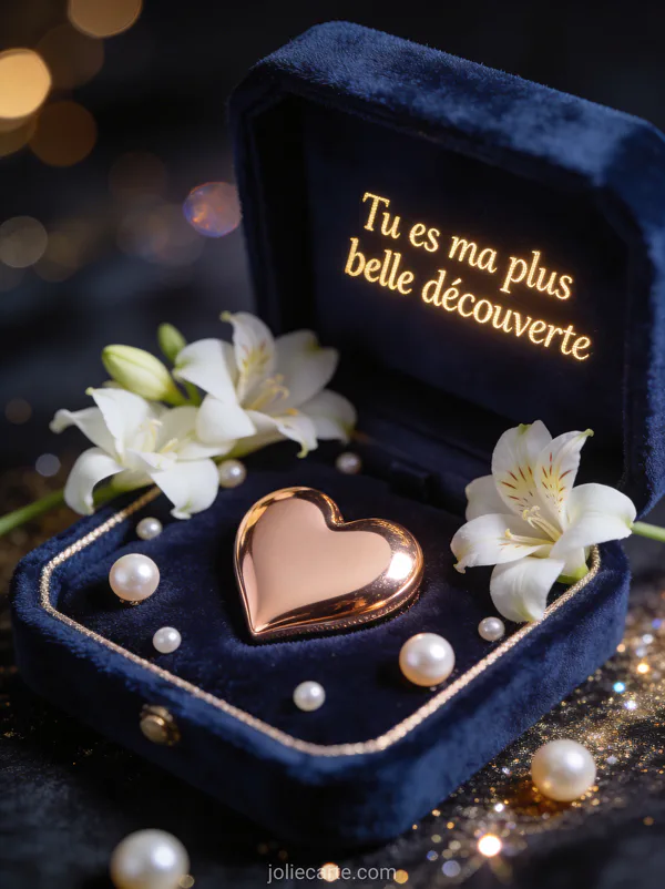 Écrin de velours bleu nuit ouvert révélant un cœur en or rose entouré de perles et freesias blancs avec bokeh scintillant, texte Tu es ma plus belle découverte
