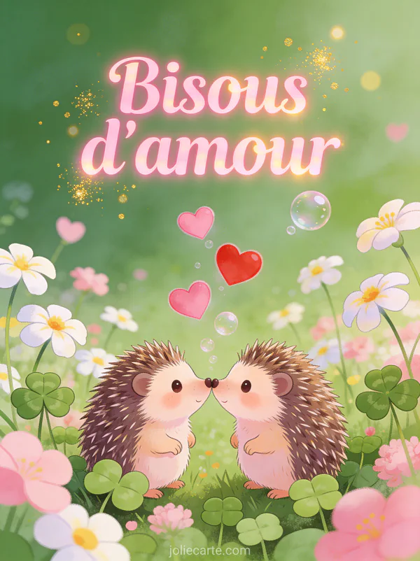 Deux hérissons mignons nez contre nez dans un champ de pâquerettes avec des cœurs flottants et des particules dorées et le texte Bisous d'amour