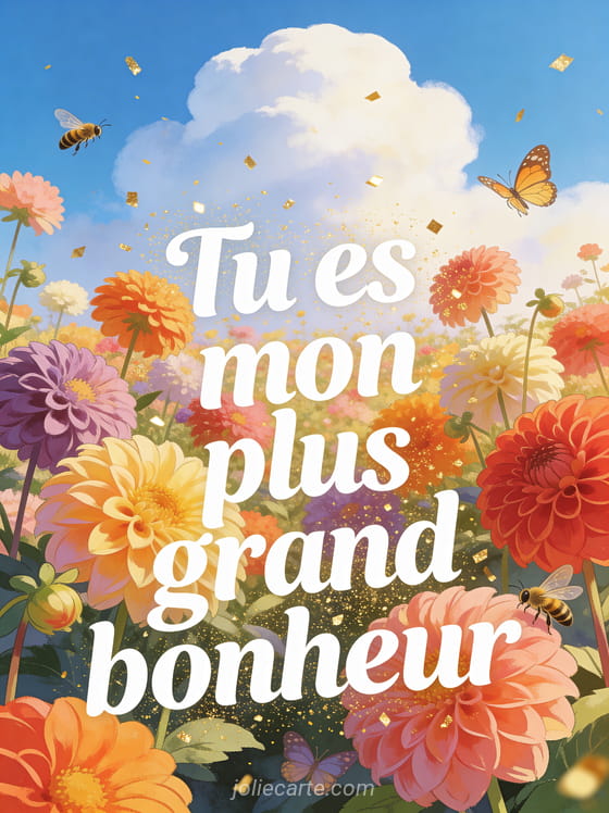 Champ de dahlias multicolores sous un grand ciel bleu avec papillons et abeilles dans une lumière d'été, texte Tu es mon plus grand bonheur