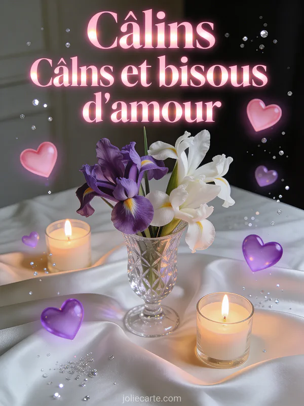 Iris violets et lys blancs dans un vase en cristal sur une nappe de soie avec des cœurs lumineux et des particules argentées et le texte Câlins et bisous d'amour
