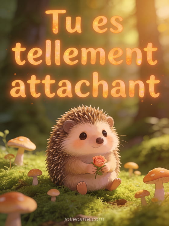 Petit hérisson mignon tenant une rose entre ses pattes posé sur de la mousse verte avec champignons miniatures, texte Tu es tellement attachant