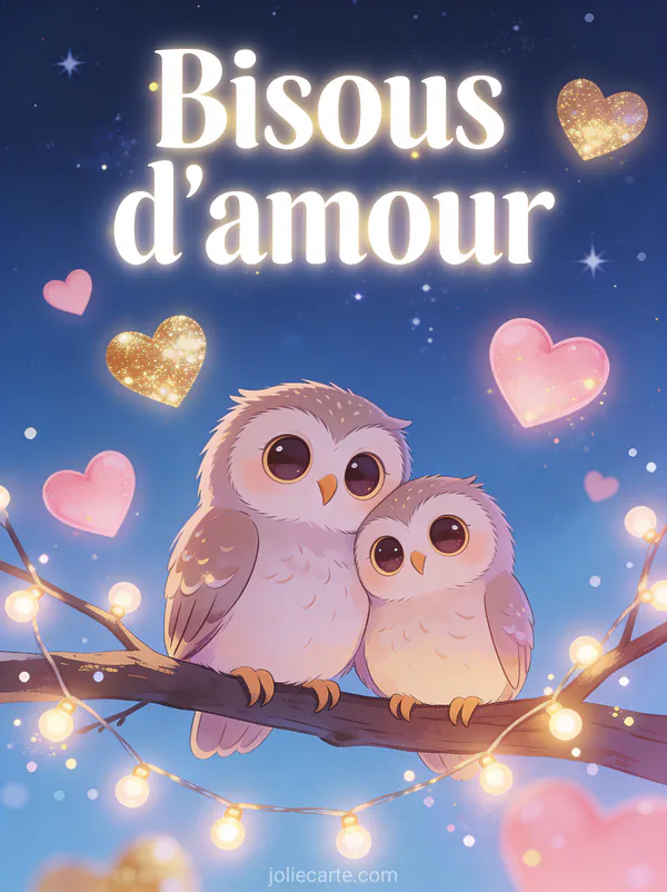 Couple de chouettes mignonnes blotties sur une branche sous un ciel étoilé avec des cœurs lumineux et une guirlande et le texte Bisous d'amour