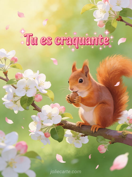 Adorable écureuil roux croquant une noisette sur une branche de pommier en fleurs avec pétales virevoltants, texte Tu es craquante