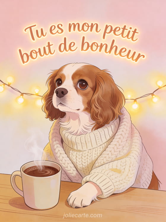 Petit chien cavalier king charles aux grands yeux tendres blotti dans un pull en laine avec chocolat chaud et guirlande lumineuse, texte Tu es mon petit bout de bonheur