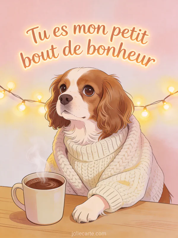 Petit chien cavalier king charles aux grands yeux tendres blotti dans un pull en laine avec chocolat chaud et guirlande lumineuse, texte Tu es mon petit bout de bonheur