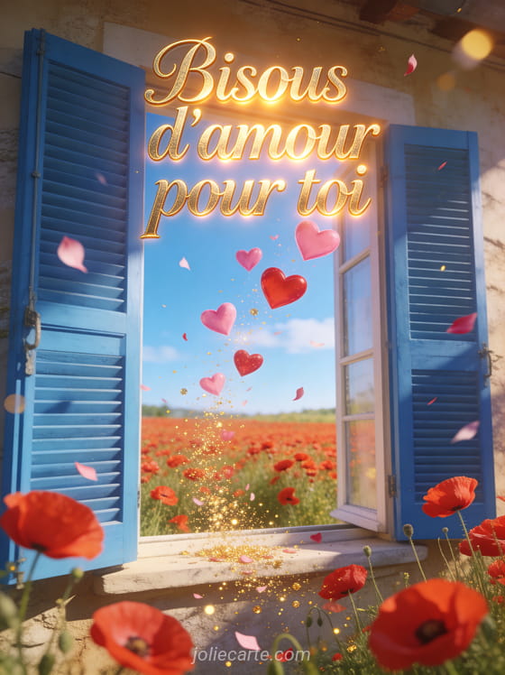 Fenêtre aux volets bleus donnant sur un champ de coquelicots avec des cœurs flottants et des particules dorées et le texte Bisous d'amour pour toi