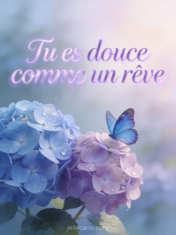 Hortensias bleus et mauves dans une brume matinale avec rosée et papillon bleu morpho posé sur une fleur, texte Tu es douce comme un rêve