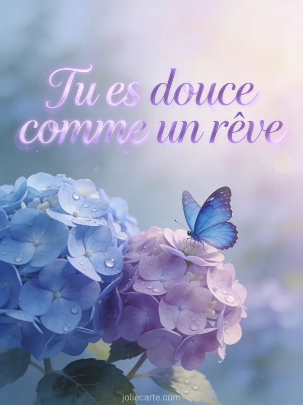 Hortensias bleus et mauves dans une brume matinale avec rosée et papillon bleu morpho posé sur une fleur, texte Tu es douce comme un rêve