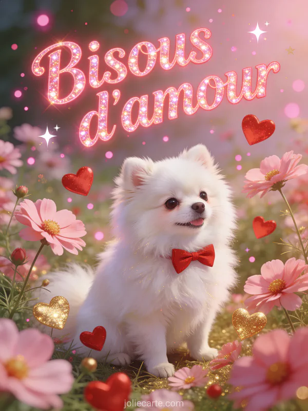 Chiot spitz nain blanc avec un nœud papillon rouge au milieu de cosmos roses avec des cœurs flottants et le texte Bisous d'amour