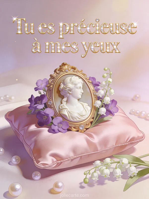 Camée ancien en ivoire et or entouré de violettes et muguet sur un coussin de satin rose poudré avec perles, texte Tu es précieuse à mes yeux