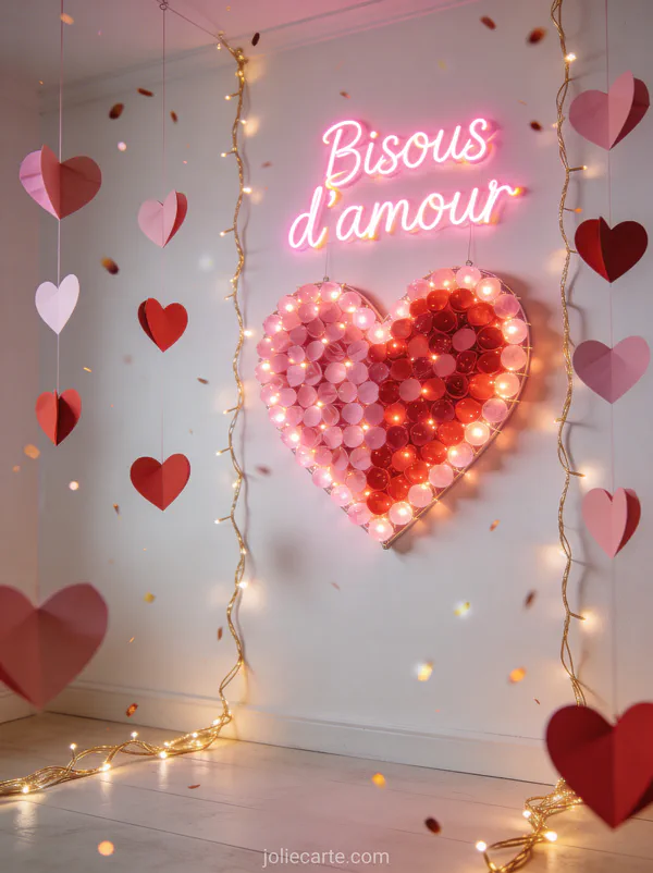 Cœur géant fait de lumières LED roses et rouges sur un mur blanc avec des guirlandes dorées et des cœurs en papier suspendus et le texte Bisous d'amour