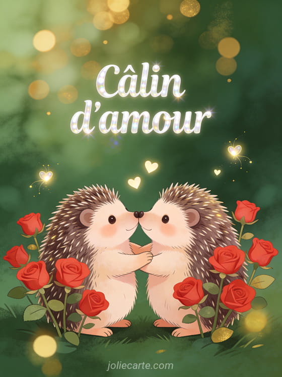 Deux hérissons mignons se câlinant museau contre museau entourés de roses rouges miniatures avec petits cœurs lumineux et le texte Câlin d'amour