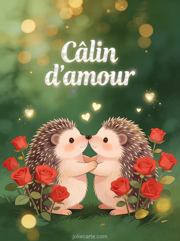 Deux hérissons mignons se câlinant museau contre museau entourés de roses rouges miniatures avec petits cœurs lumineux et le texte Câlin d'amour