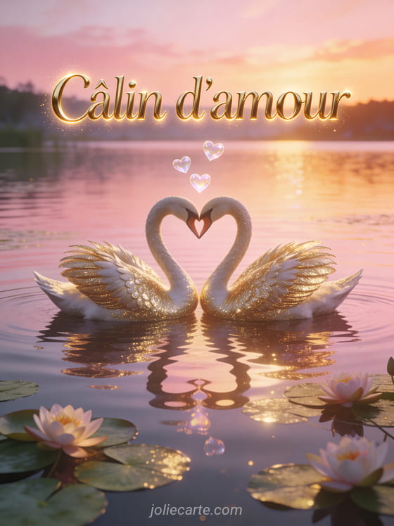 Deux cygnes formant un cœur avec leurs cous sur un lac au coucher du soleil avec reflets roses et petits cœurs translucides et le texte Câlin d'amour