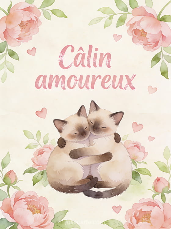 Deux chatons siamois enlacés en aquarelle entourés de pivoines roses avec petits cœurs aquarelle et le texte Câlin amoureux