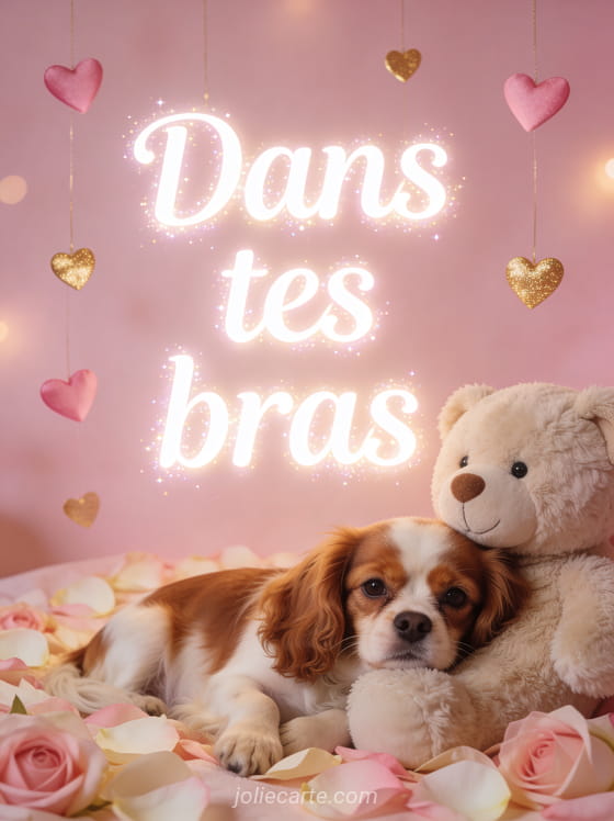 Petit cavalier king charles blotti contre un ours en peluche sur des pétales de rose avec petits cœurs roses et dorés et le texte Tendre câlin