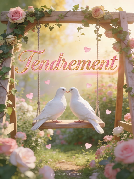 Deux colombes blanches se becquetant sur une balançoire ornée de roses anciennes avec petits cœurs rose pâle et le texte Câlin tendresse