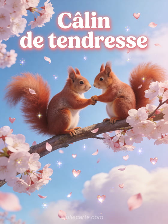 Deux écureuils roux se tenant par la patte sur une branche de cerisier en fleurs avec pétales tombants et petits cœurs scintillants et le texte Câlin de tendresse