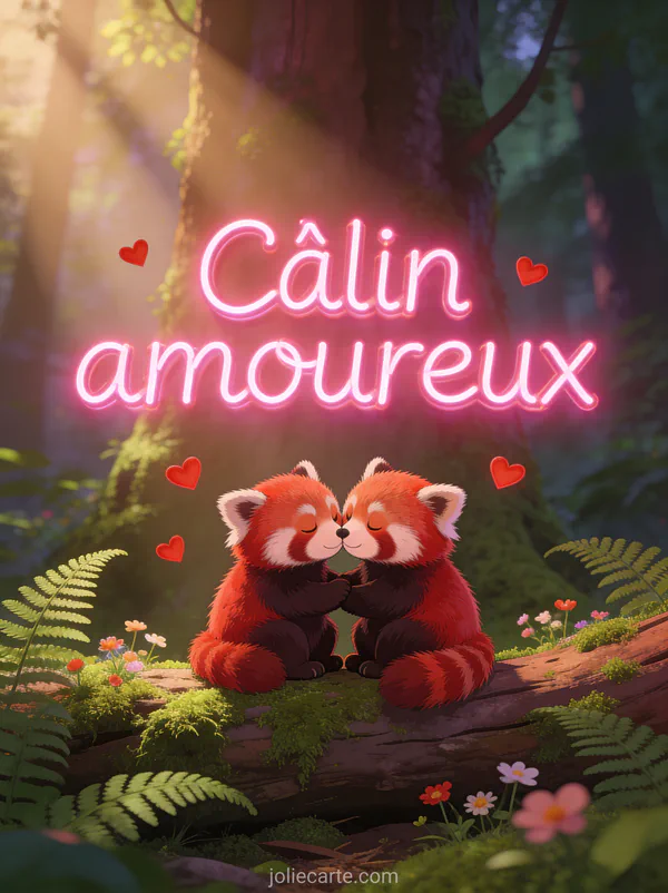 Deux pandas roux se câlinant joue contre joue sur un tronc moussu entourés de fougères avec petits cœurs rouges et le texte Câlin amoureux